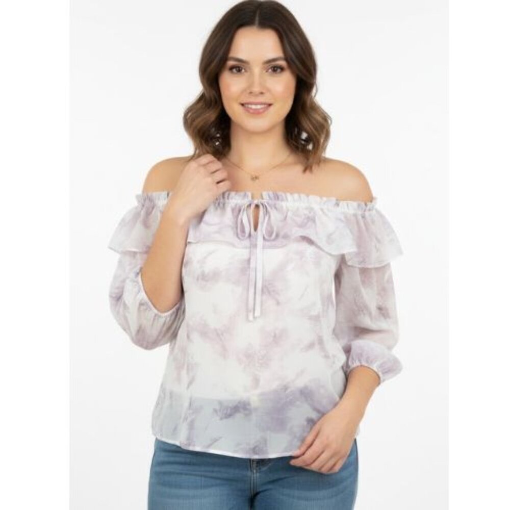 Reitmans Romantic Women's Off-Shoulder Lavender Blouse XL Purple White Shirt